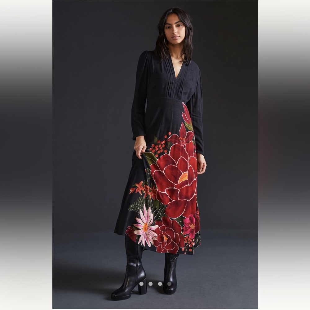 FARM Rio Black Dress with Red Floral Design